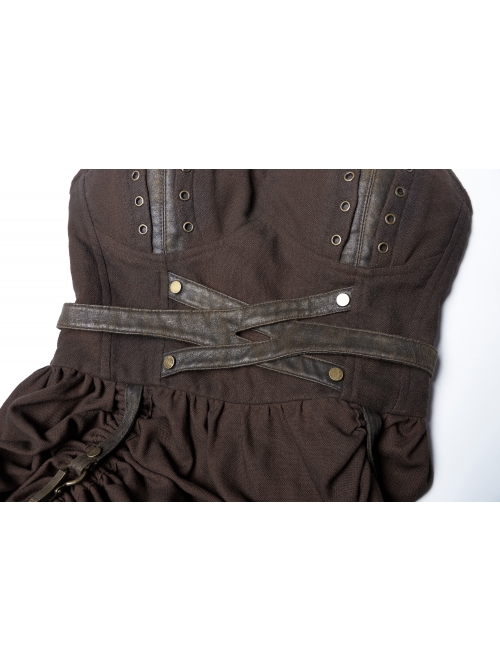 Rough Cotton Hemp Splice Pattern PU Leather High Waist Metal Rings Lace-Up Irregular Frill Hem Brown Punk  Sling Dress
