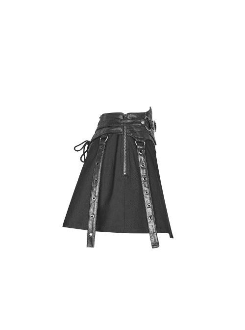 Metal Rings Hasp PU Leather Belt Metal Eyelet Straps Back Waist Lace-Up Black Punk Skirt