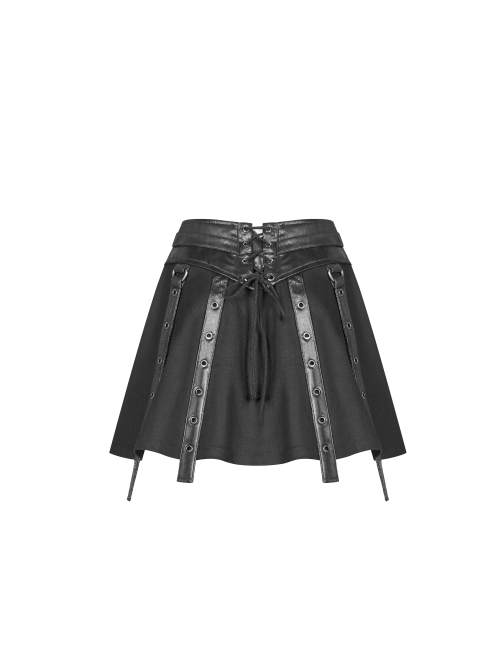 Metal Rings Hasp PU Leather Belt Metal Eyelet Straps Back Waist Lace-Up Black Punk Skirt