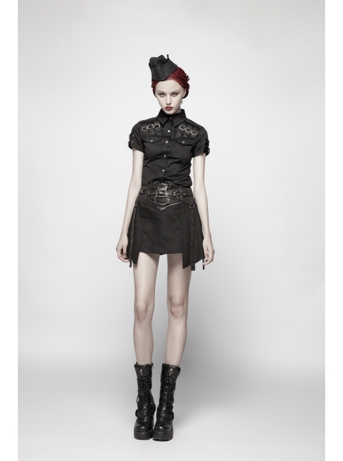Metal Rings Hasp PU Leather Belt Metal Eyelet Straps Back Waist Lace-Up Black Punk Skirt