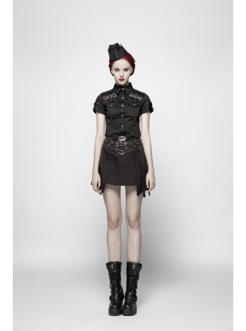 Metal Rings Hasp PU Leather Belt Metal Eyelet Straps Back Waist Lace-Up Black Punk Skirt