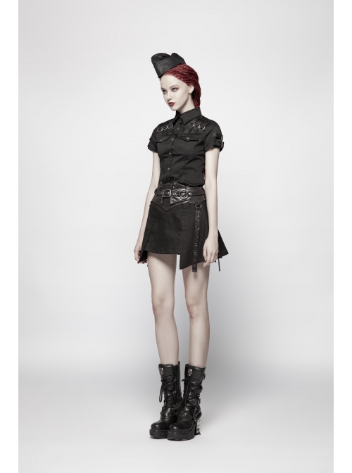 Metal Rings Hasp PU Leather Belt Metal Eyelet Straps Back Waist Lace-Up Black Punk Skirt
