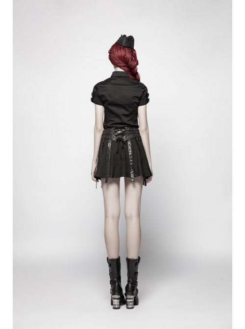 Metal Rings Hasp PU Leather Belt Metal Eyelet Straps Back Waist Lace-Up Black Punk Skirt