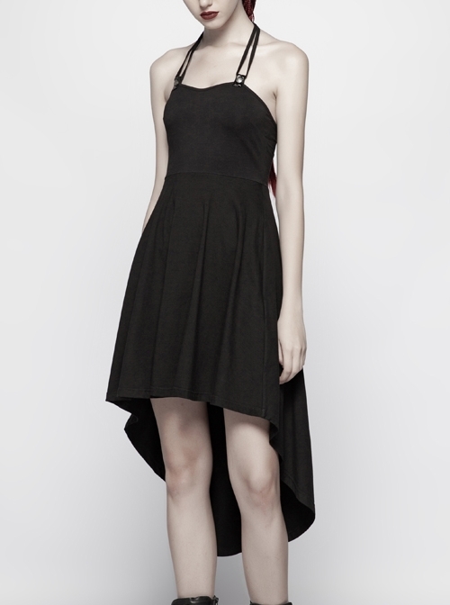Waist Metal Eyelets Belt Back Spine Shape PU Leather Decoration Black Punk Halter Dress