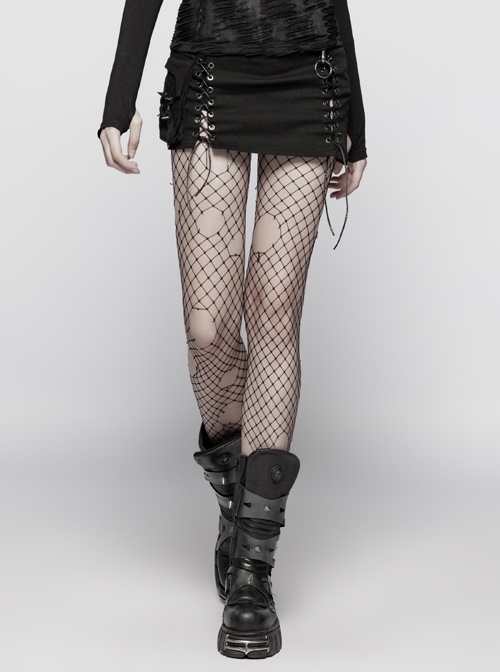 Black Twill Side Pocket Metal Ring Bandage Asymmetric Eyelets Lace-Up Black Punk Short Skirt