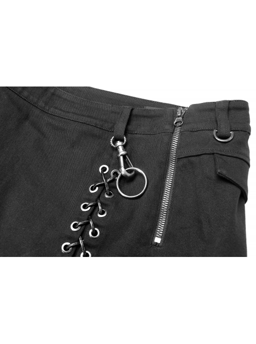 Black Twill Side Pocket Metal Ring Bandage Asymmetric Eyelets Lace-Up Black Punk Short Skirt