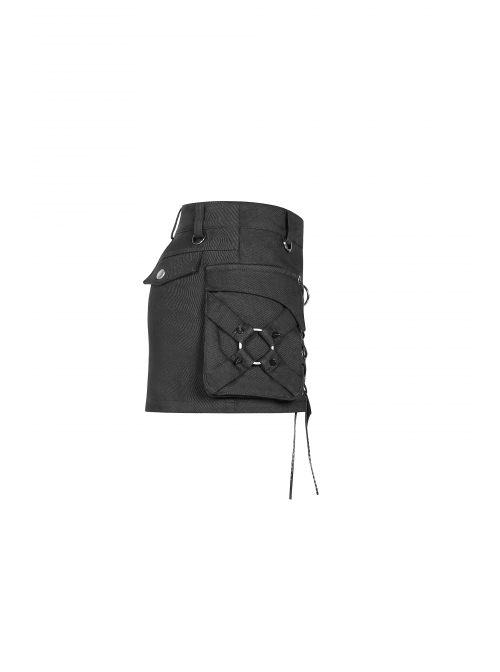 Black Twill Side Pocket Metal Ring Bandage Asymmetric Eyelets Lace-Up Black Punk Short Skirt