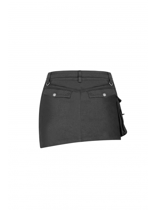 Black Twill Side Pocket Metal Ring Bandage Asymmetric Eyelets Lace-Up Black Punk Short Skirt