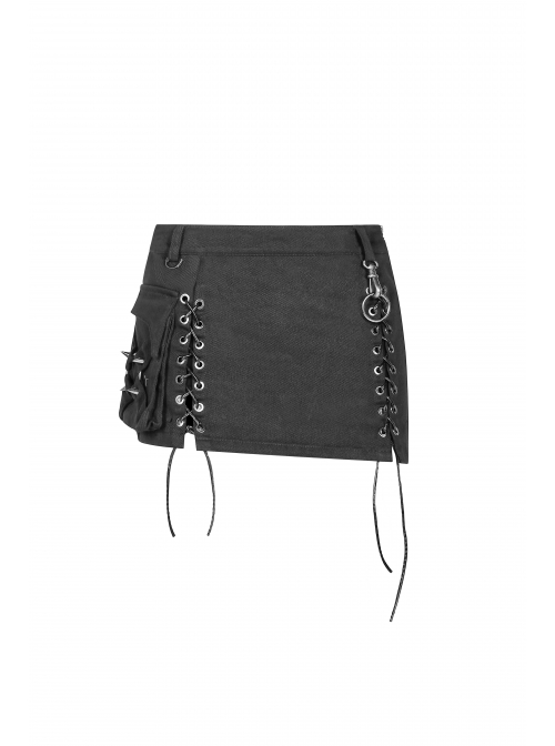 Black Twill Side Pocket Metal Ring Bandage Asymmetric Eyelets Lace-Up Black Punk Short Skirt
