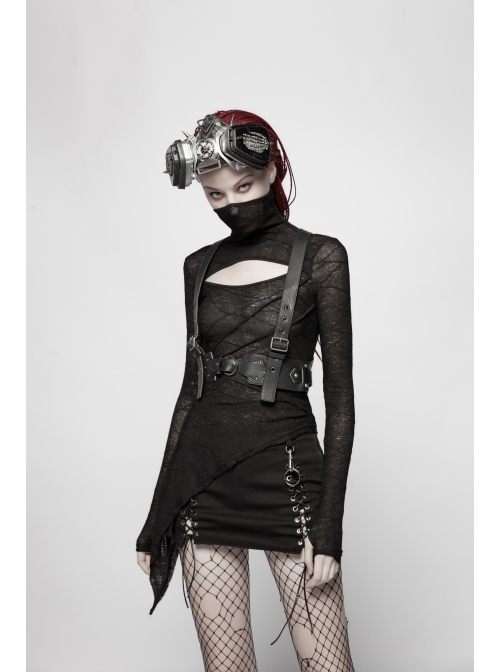 Black Twill Side Pocket Metal Ring Bandage Asymmetric Eyelets Lace-Up Black Punk Short Skirt