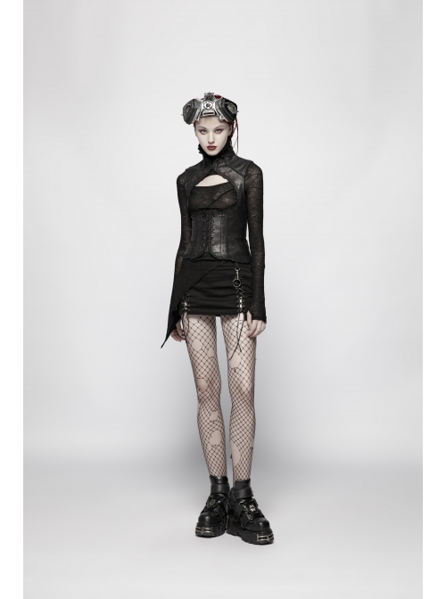 Black Twill Side Pocket Metal Ring Bandage Asymmetric Eyelets Lace-Up Black Punk Short Skirt