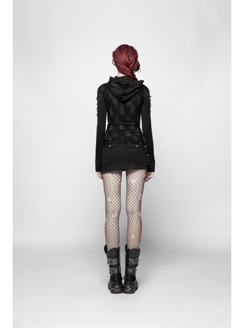 Black Twill Side Pocket Metal Ring Bandage Asymmetric Eyelets Lace-Up Black Punk Short Skirt