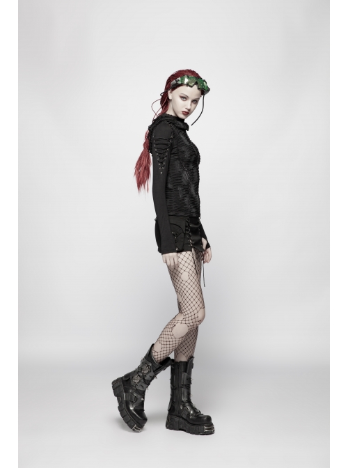Black Twill Side Pocket Metal Ring Bandage Asymmetric Eyelets Lace-Up Black Punk Short Skirt