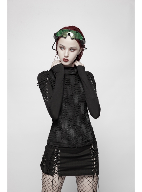 Black Twill Side Pocket Metal Ring Bandage Asymmetric Eyelets Lace-Up Black Punk Short Skirt