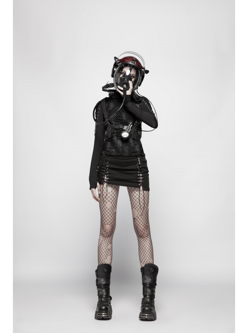 Black Twill Side Pocket Metal Ring Bandage Asymmetric Eyelets Lace-Up Black Punk Short Skirt