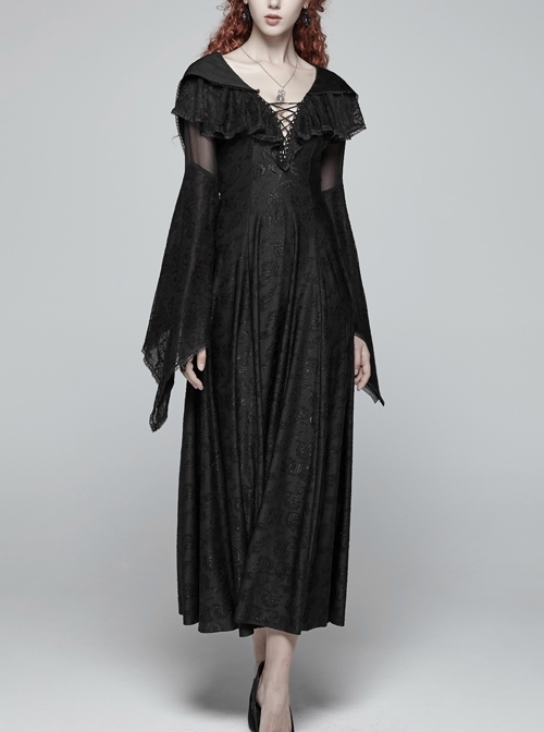 Black Jacquard Knit V-Neck Lace-Up Chest Frill Big Flare Sleeves Lace Gothic Long Hooded Dress