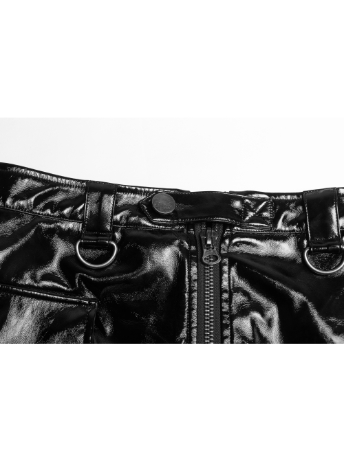 D-Buckle Side Pocket Metal Ring Strap Asymmetric Hem Black Punk PU Leather Skirt