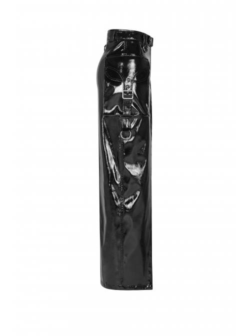 D-Buckle Side Pocket Metal Ring Strap Asymmetric Hem Black Punk PU Leather Skirt