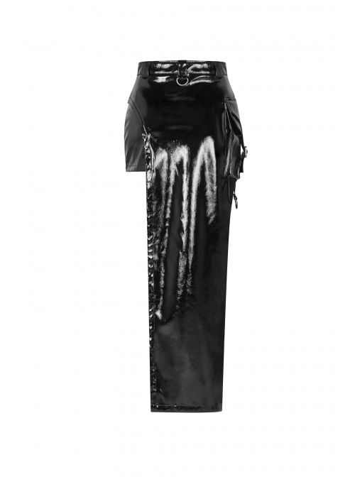 D-Buckle Side Pocket Metal Ring Strap Asymmetric Hem Black Punk PU Leather Skirt