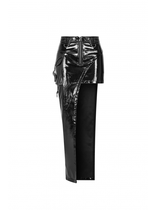 D-Buckle Side Pocket Metal Ring Strap Asymmetric Hem Black Punk PU Leather Skirt