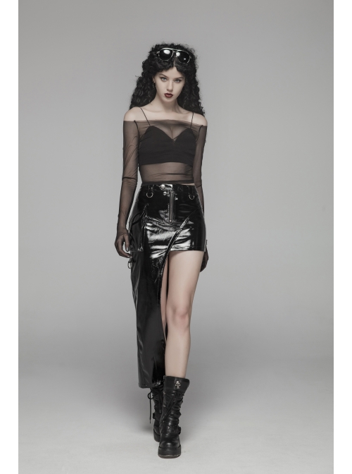 D-Buckle Side Pocket Metal Ring Strap Asymmetric Hem Black Punk PU Leather Skirt