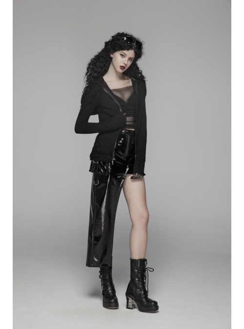 D-Buckle Side Pocket Metal Ring Strap Asymmetric Hem Black Punk PU Leather Skirt