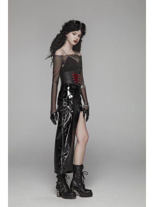 D-Buckle Side Pocket Metal Ring Strap Asymmetric Hem Black Punk PU Leather Skirt