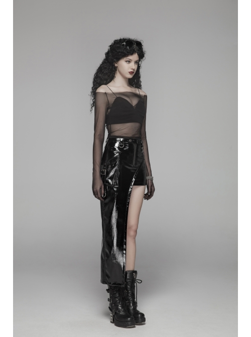 D-Buckle Side Pocket Metal Ring Strap Asymmetric Hem Black Punk PU Leather Skirt