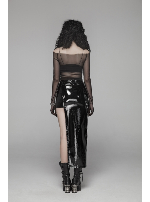 D-Buckle Side Pocket Metal Ring Strap Asymmetric Hem Black Punk PU Leather Skirt