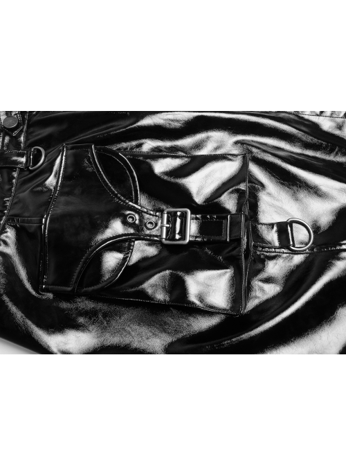 D-Buckle Side Pocket Metal Ring Strap Asymmetric Hem Black Punk PU Leather Skirt