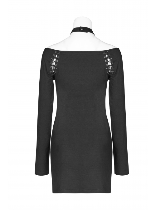 Off-Shoulder Long Sleeves Hollow-Out Eyelets Lace-Up Black Punk Tight Halter Dress