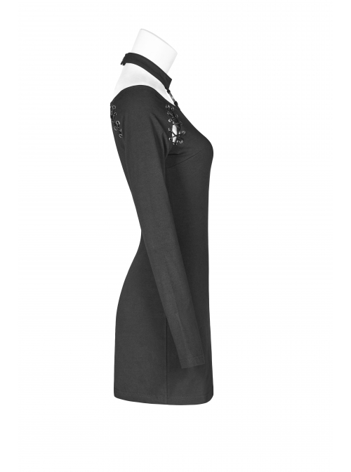 Off-Shoulder Long Sleeves Hollow-Out Eyelets Lace-Up Black Punk Tight Halter Dress