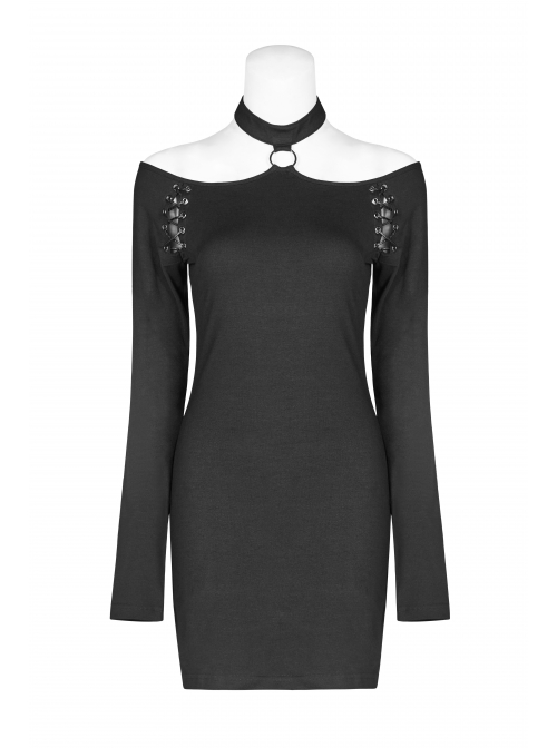 Off-Shoulder Long Sleeves Hollow-Out Eyelets Lace-Up Black Punk Tight Halter Dress