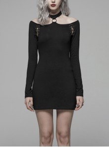 Off-Shoulder Long Sleeves Hollow-Out Eyelets Lace-Up Black Punk Tight Halter Dress