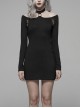 Off-Shoulder Long Sleeves Hollow-Out Eyelets Lace-Up Black Punk Tight Halter Dress