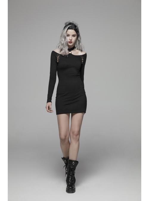 Off-Shoulder Long Sleeves Hollow-Out Eyelets Lace-Up Black Punk Tight Halter Dress