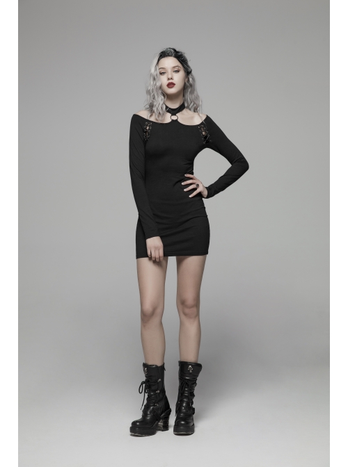 Off-Shoulder Long Sleeves Hollow-Out Eyelets Lace-Up Black Punk Tight Halter Dress