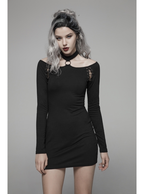 Off-Shoulder Long Sleeves Hollow-Out Eyelets Lace-Up Black Punk Tight Halter Dress
