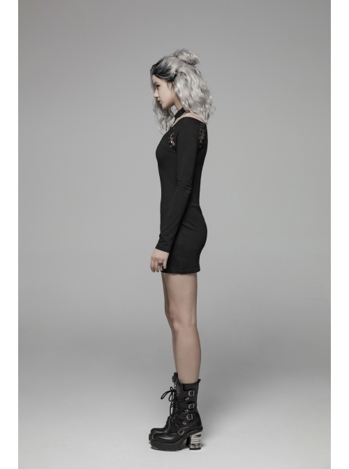 Off-Shoulder Long Sleeves Hollow-Out Eyelets Lace-Up Black Punk Tight Halter Dress