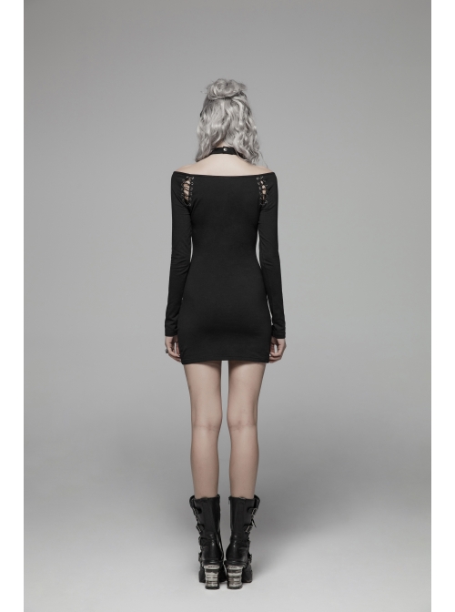 Off-Shoulder Long Sleeves Hollow-Out Eyelets Lace-Up Black Punk Tight Halter Dress