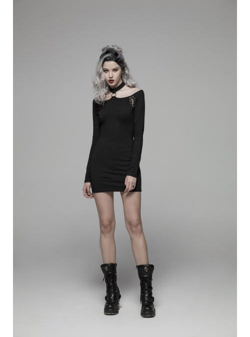 Off-Shoulder Long Sleeves Hollow-Out Eyelets Lace-Up Black Punk Tight Halter Dress