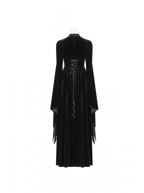 Small High Collar Chest Splice Mesh Lace-Up Slit Flare Sleeves Back Waist Lace-Up Black Gothic Long Velvet Dress