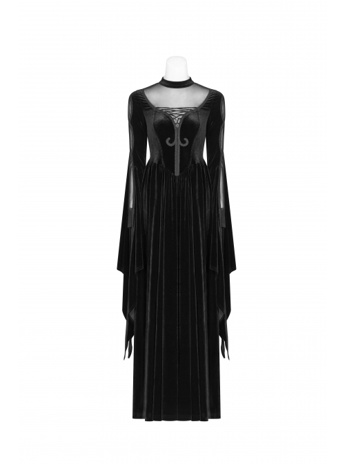 Small High Collar Chest Splice Mesh Lace-Up Slit Flare Sleeves Back Waist Lace-Up Black Gothic Long Velvet Dress