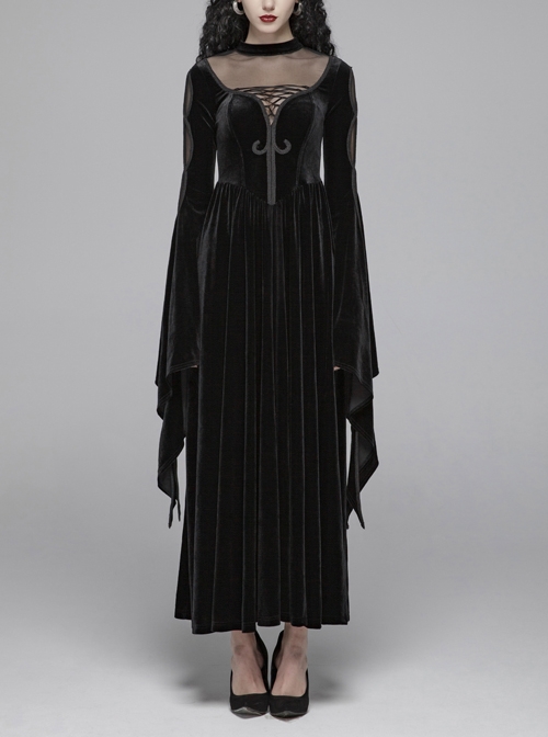 Small High Collar Chest Splice Mesh Lace-Up Slit Flare Sleeves Back Waist Lace-Up Black Gothic Long Velvet Dress