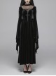 Small High Collar Chest Splice Mesh Lace-Up Slit Flare Sleeves Back Waist Lace-Up Black Gothic Long Velvet Dress
