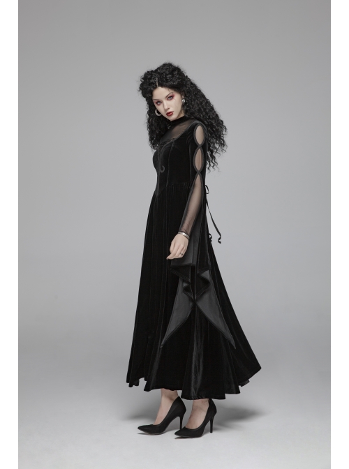 Small High Collar Chest Splice Mesh Lace-Up Slit Flare Sleeves Back Waist Lace-Up Black Gothic Long Velvet Dress