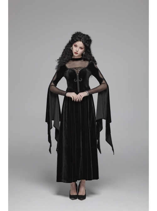 Small High Collar Chest Splice Mesh Lace-Up Slit Flare Sleeves Back Waist Lace-Up Black Gothic Long Velvet Dress