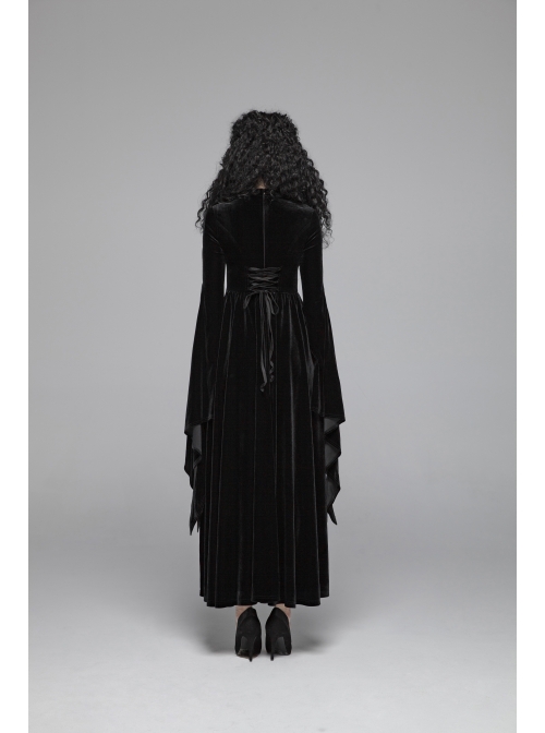 Small High Collar Chest Splice Mesh Lace-Up Slit Flare Sleeves Back Waist Lace-Up Black Gothic Long Velvet Dress