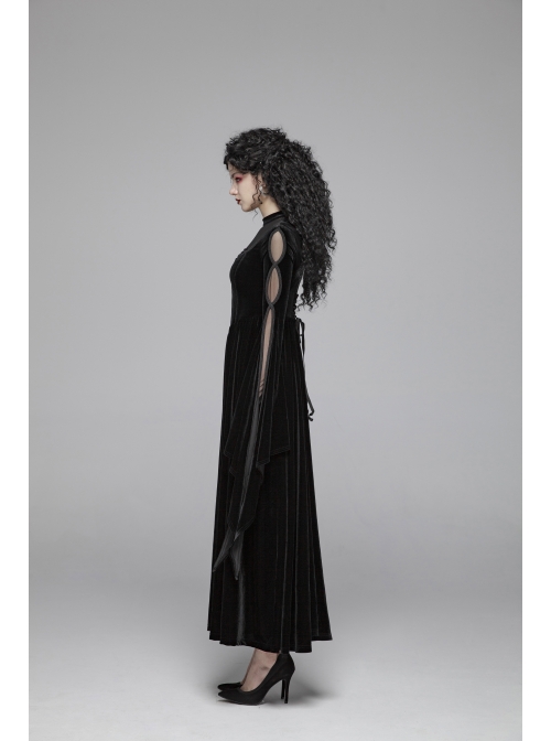 Small High Collar Chest Splice Mesh Lace-Up Slit Flare Sleeves Back Waist Lace-Up Black Gothic Long Velvet Dress
