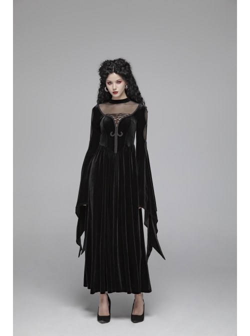 Small High Collar Chest Splice Mesh Lace-Up Slit Flare Sleeves Back Waist Lace-Up Black Gothic Long Velvet Dress